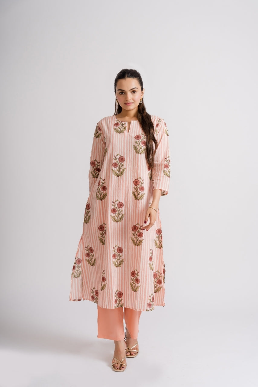 Ekisha women's peach stripe marigold buta block print cotton kurti palazzo coord set – ethnic wear
