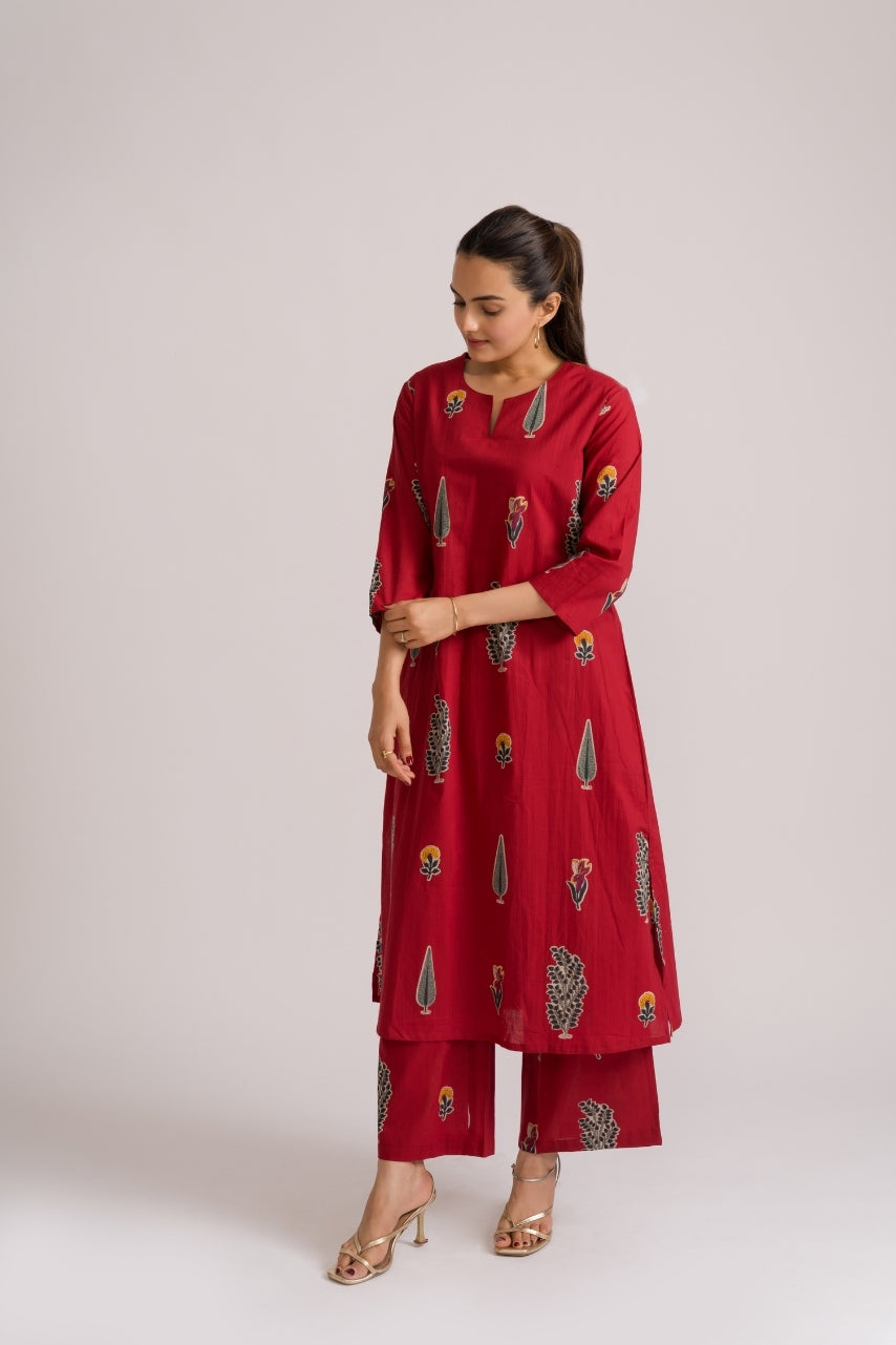 Red cotton co-ord set with scattered mughal cypress tulip and floral block print – Ekisha ethnic wear