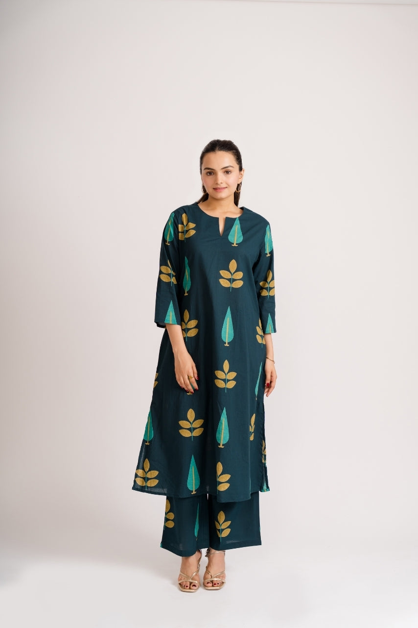 Teal gold leaf block print cotton coord set full front view – Ekisha