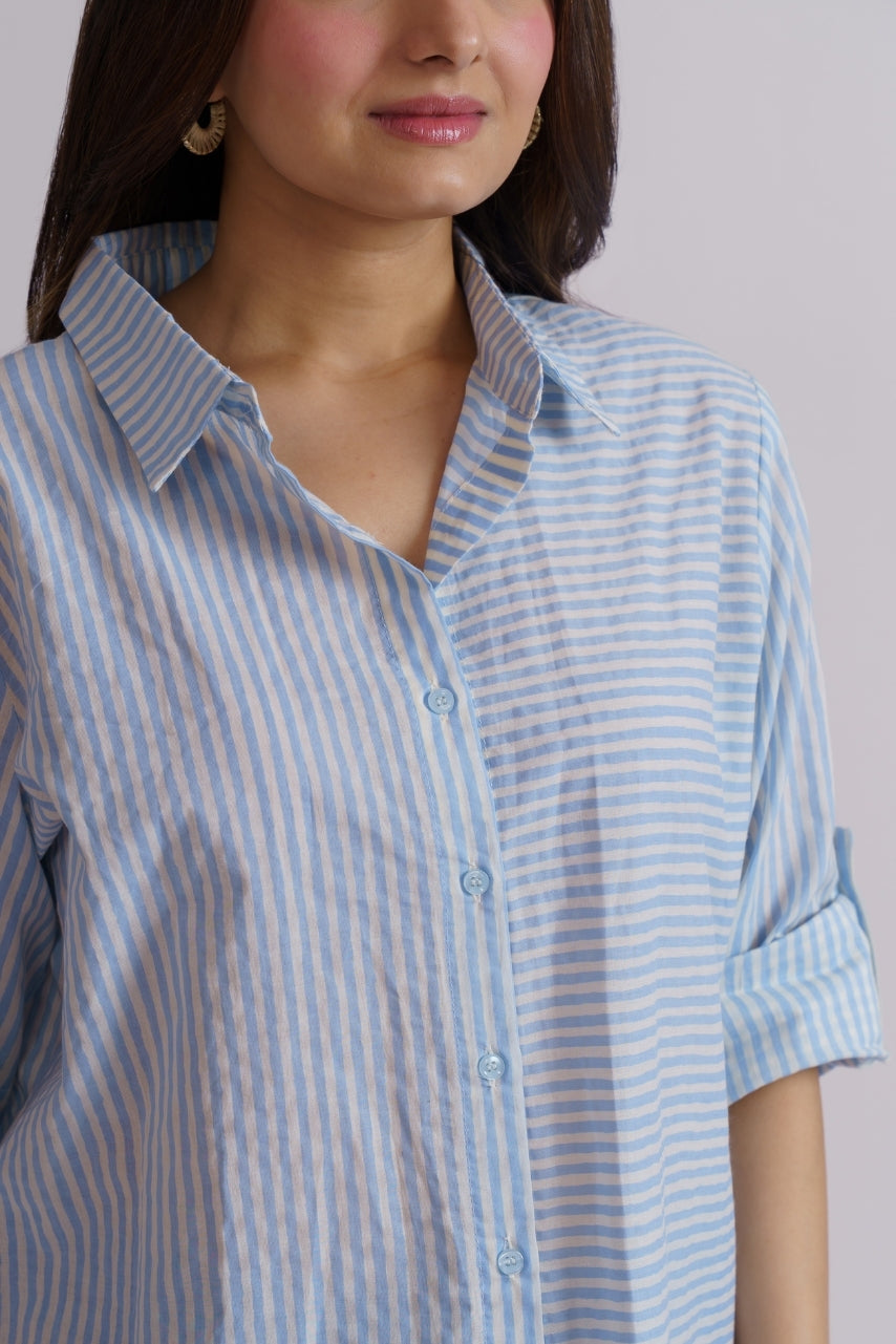 Shop the Blue Stripe Cotton Shirt — a relaxed-fit button-down in soft breathable cotton with bold blue-white stripes. Everyday wear for Indian summers.