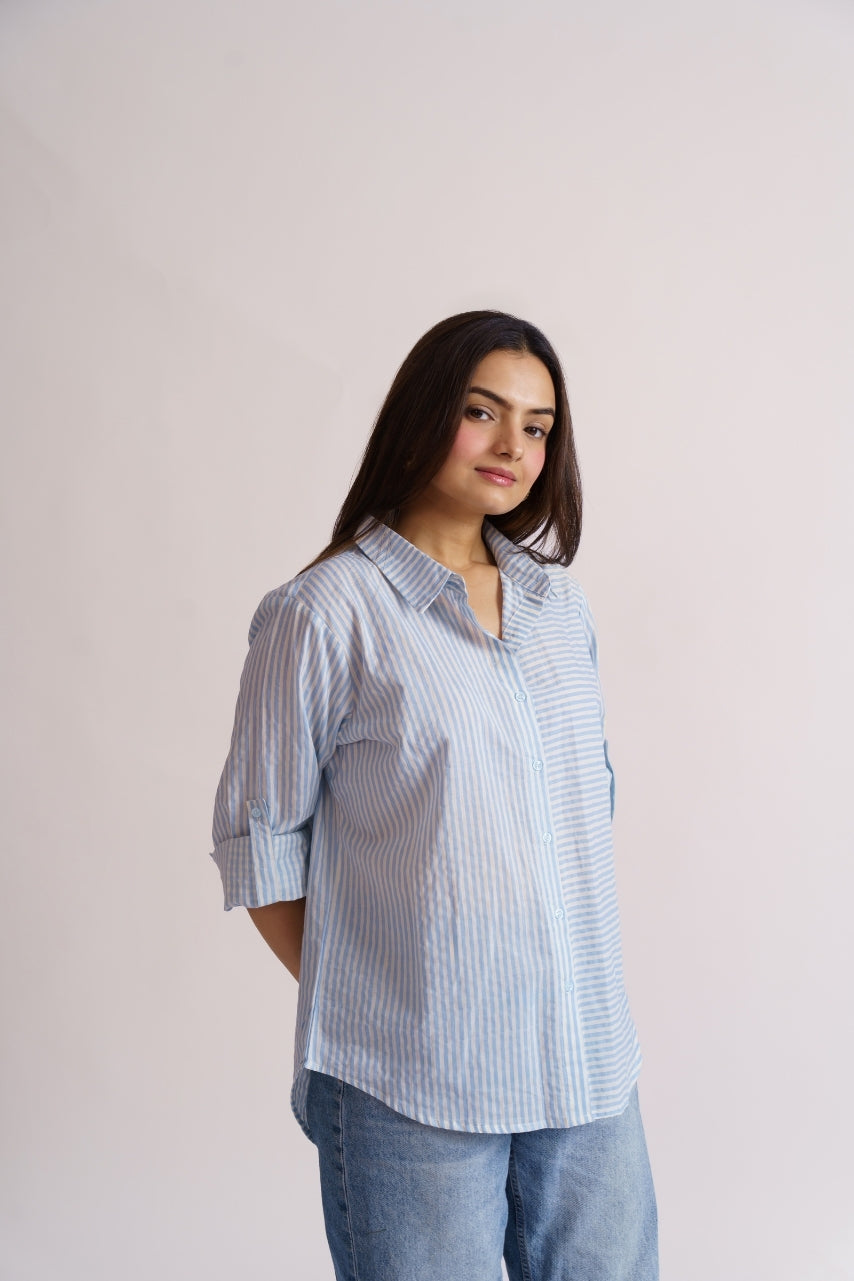 Women's blue stripe shirt with rolled-up sleeve detail