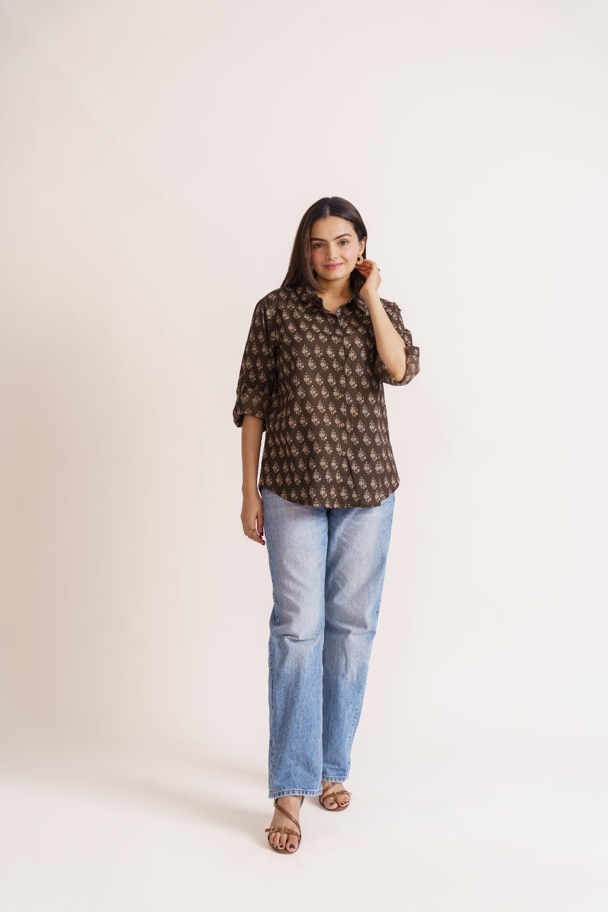 Women's brown floral shirt collar and button placket detail
