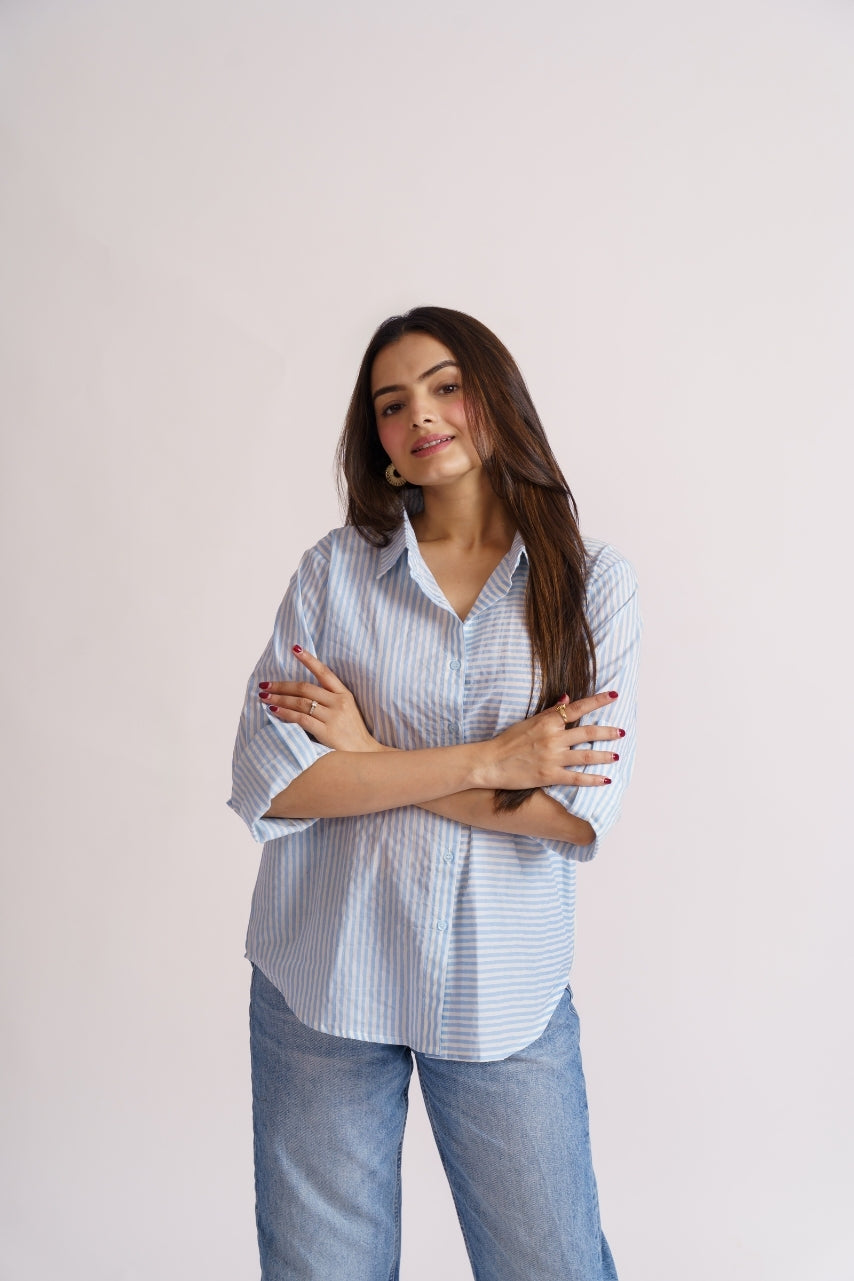 Blue stripe daily wear shirt with gold hoop earrings