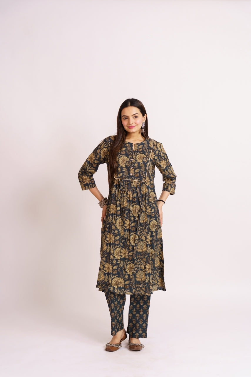 Charcoal grey cotton printed co-ord set for women front view