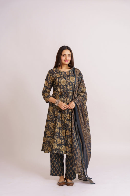 Charcoal grey cotton printed kurta set with dupatta for women