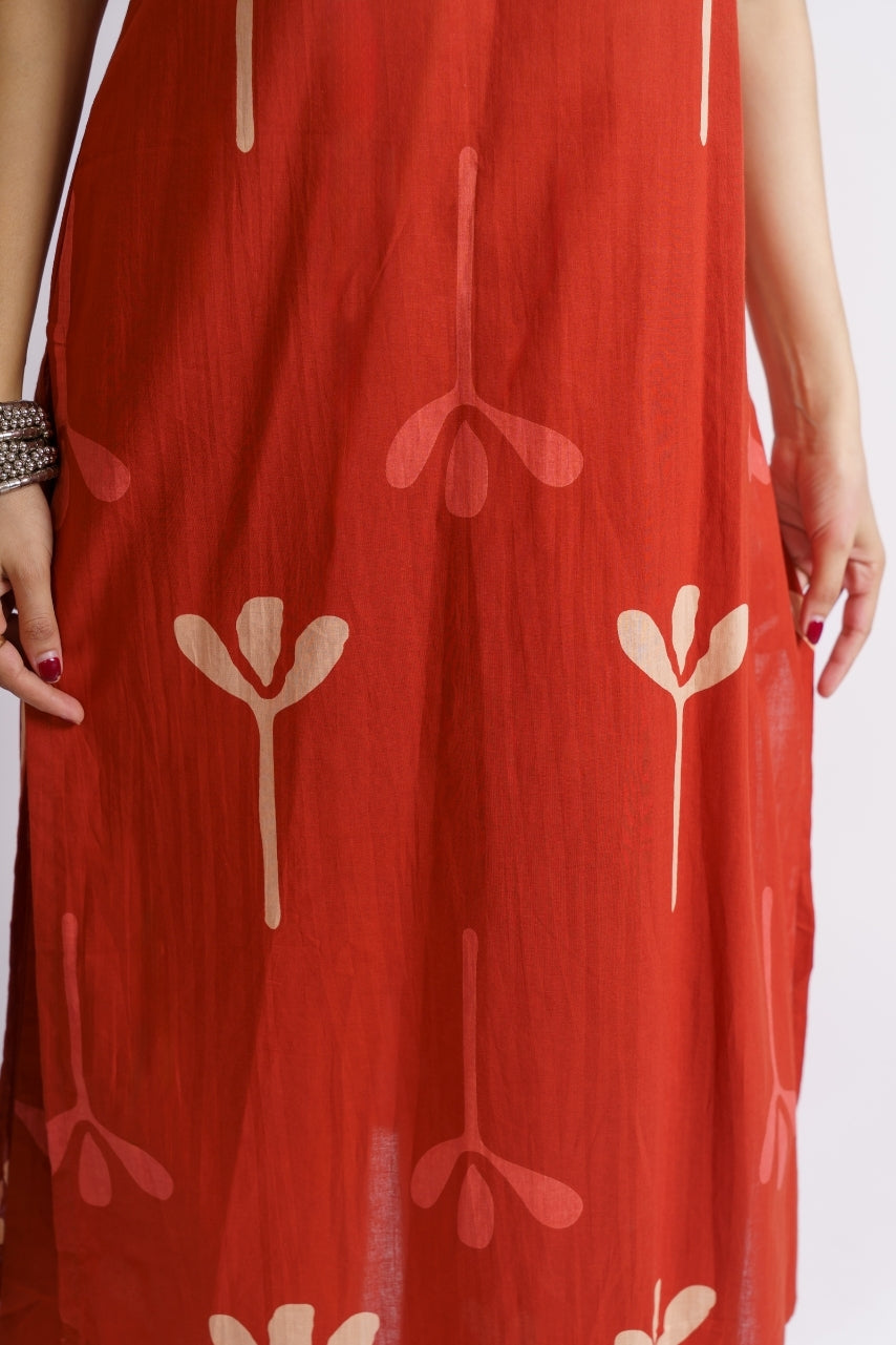 Rust red sleeveless kurta with matching palazzo pants