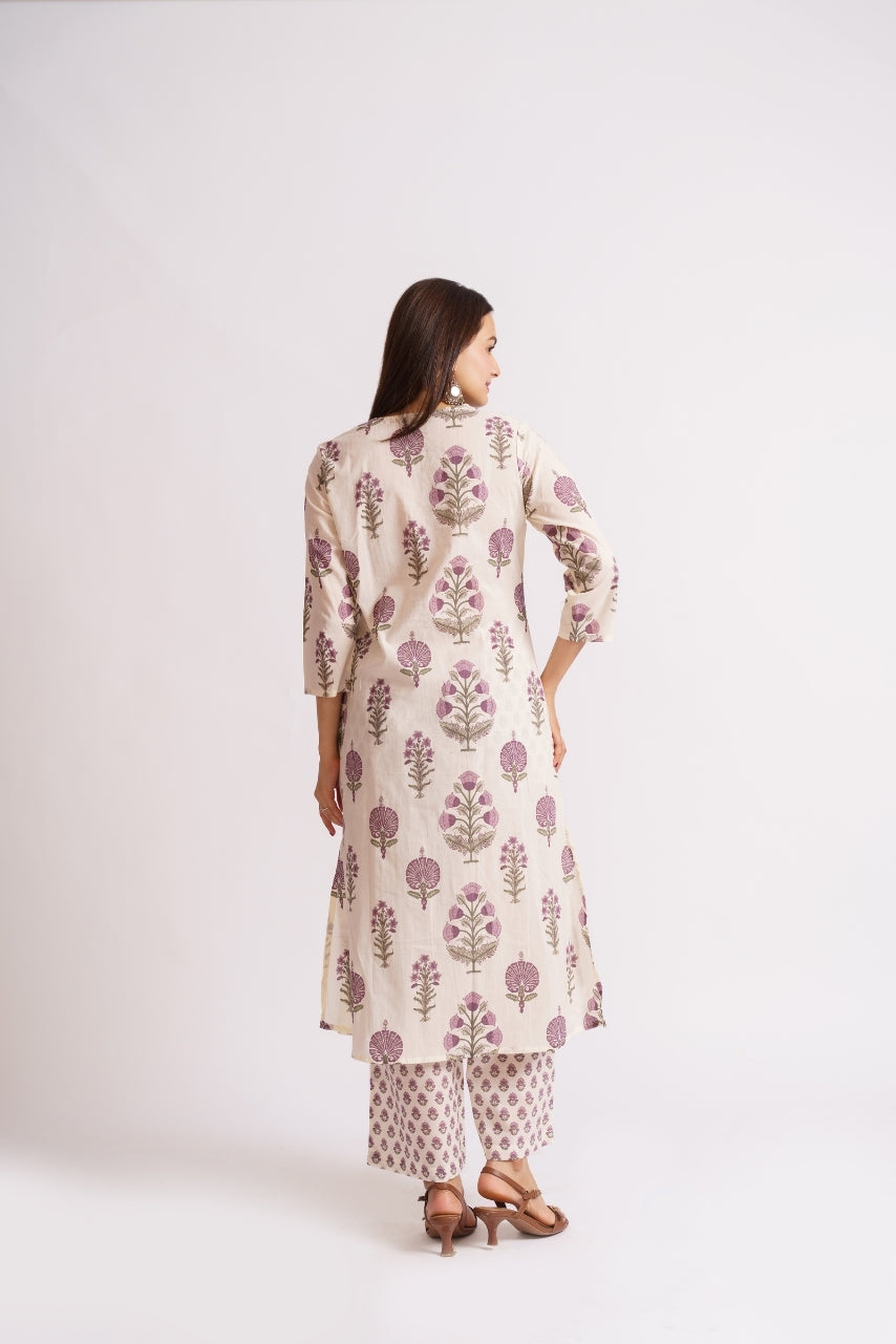 Cream botanical block print kurta with matching pants