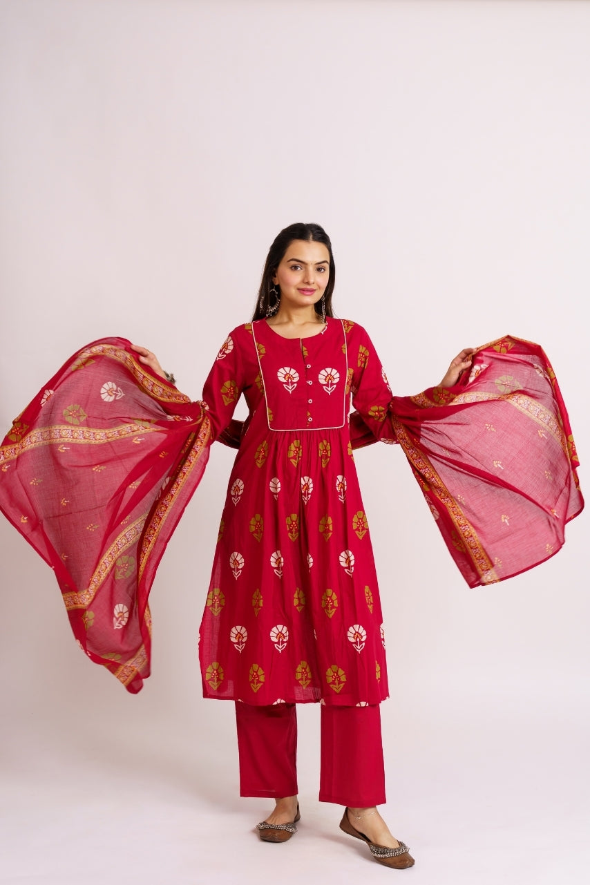 Women's 3-piece floral motif print kurta pants and dupatta set