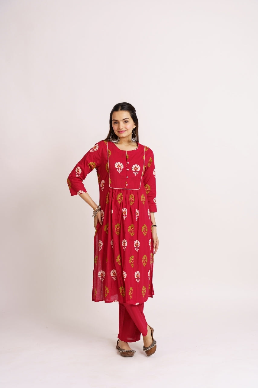 Crimson red cotton printed co-ord set for women front view