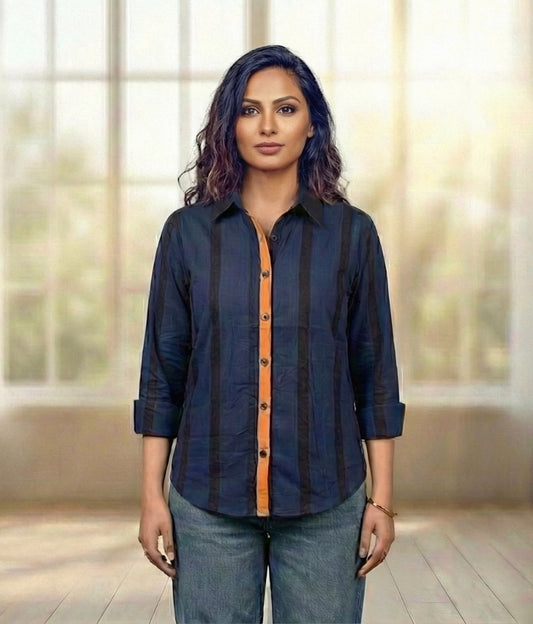 Women Pure Cotton Multicolor stripes printed relaxed fit shirt, front view