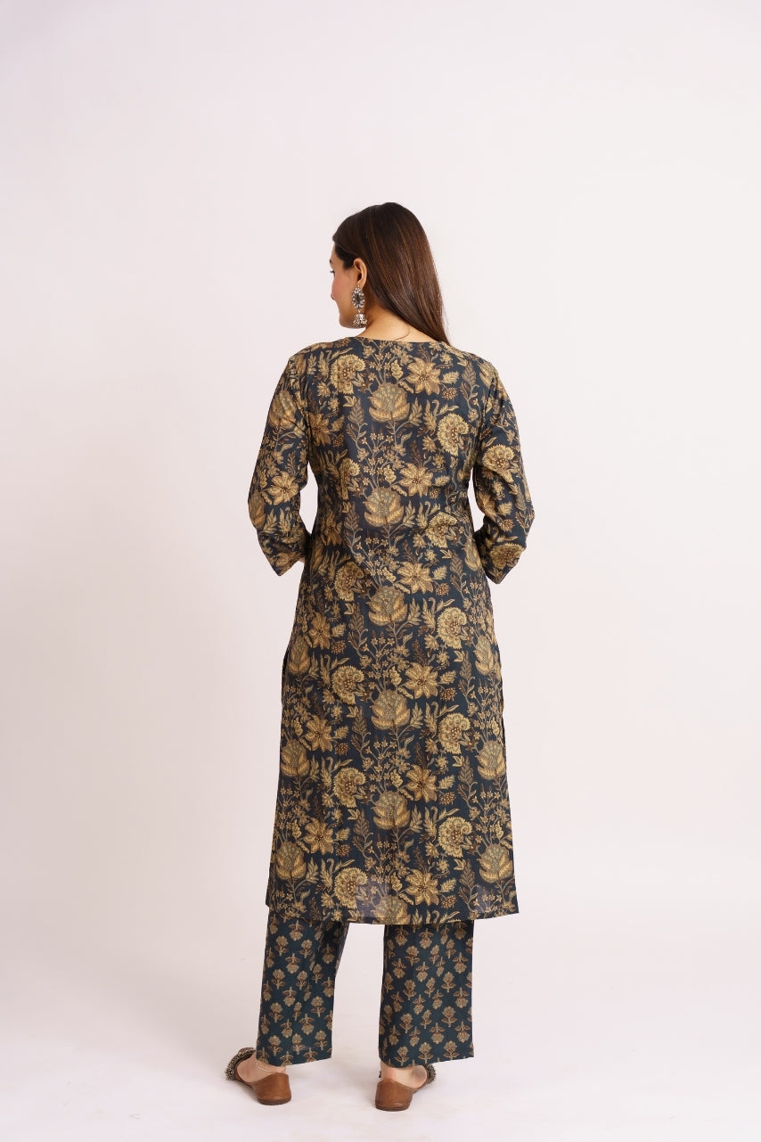 Gathered charcoal grey kurta with gold piped yoke detail