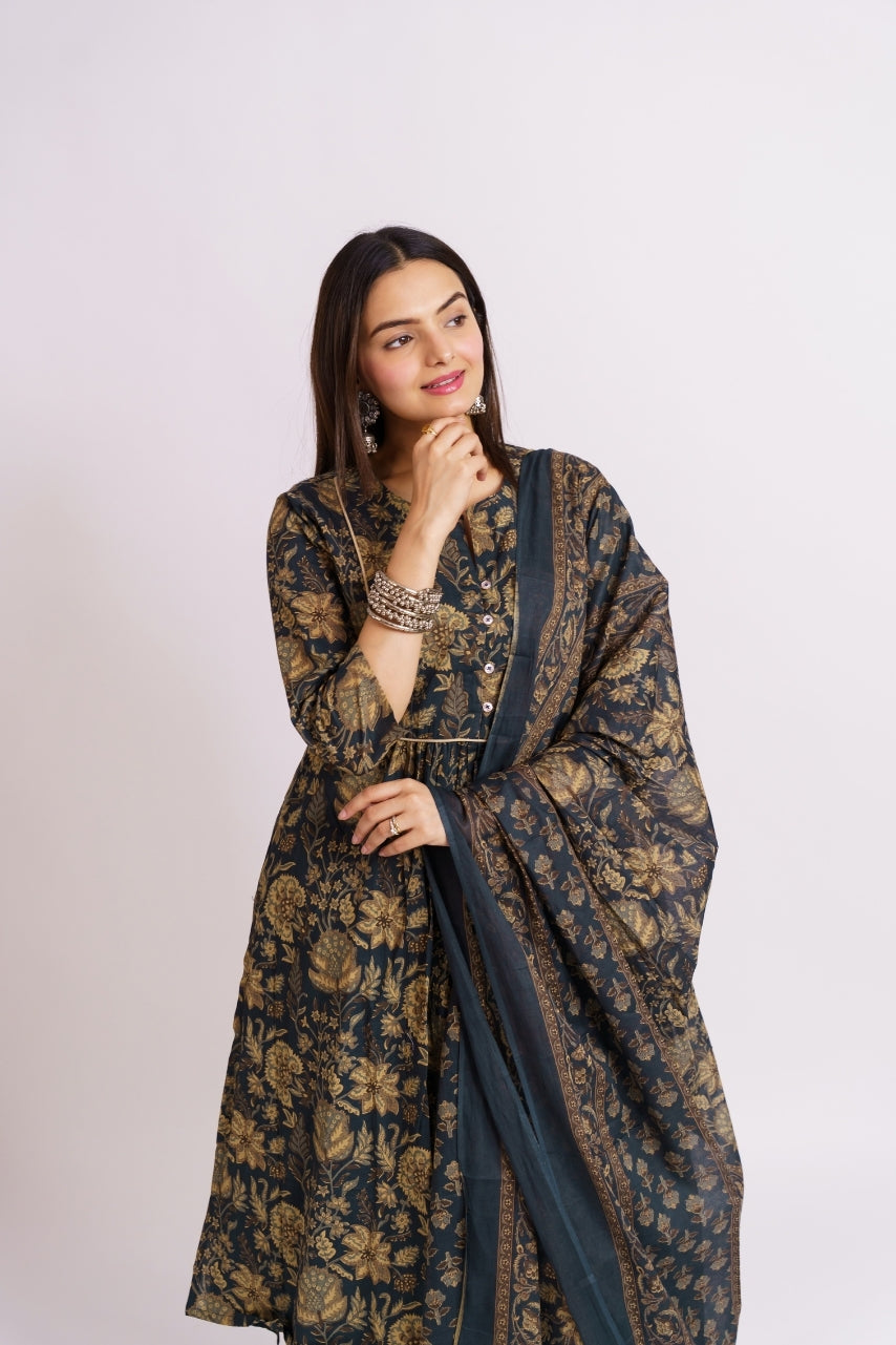 Women's 3-piece kalamkari print kurta pants and dupatta set