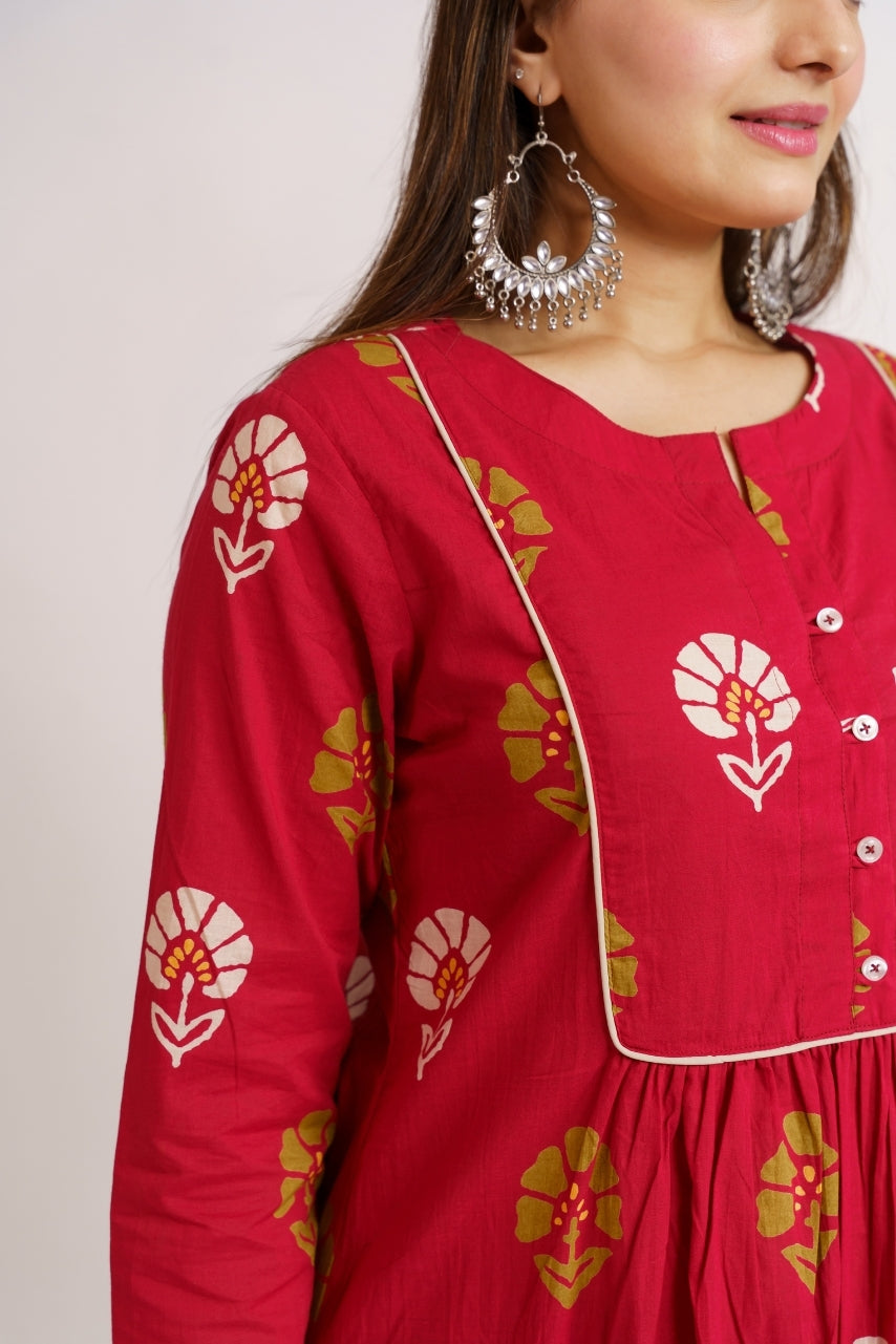 Close-up of mustard and cream floral print on crimson kurta