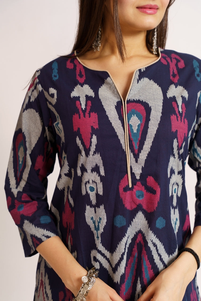 Navy blue cotton ikat print co-ord set for women front view