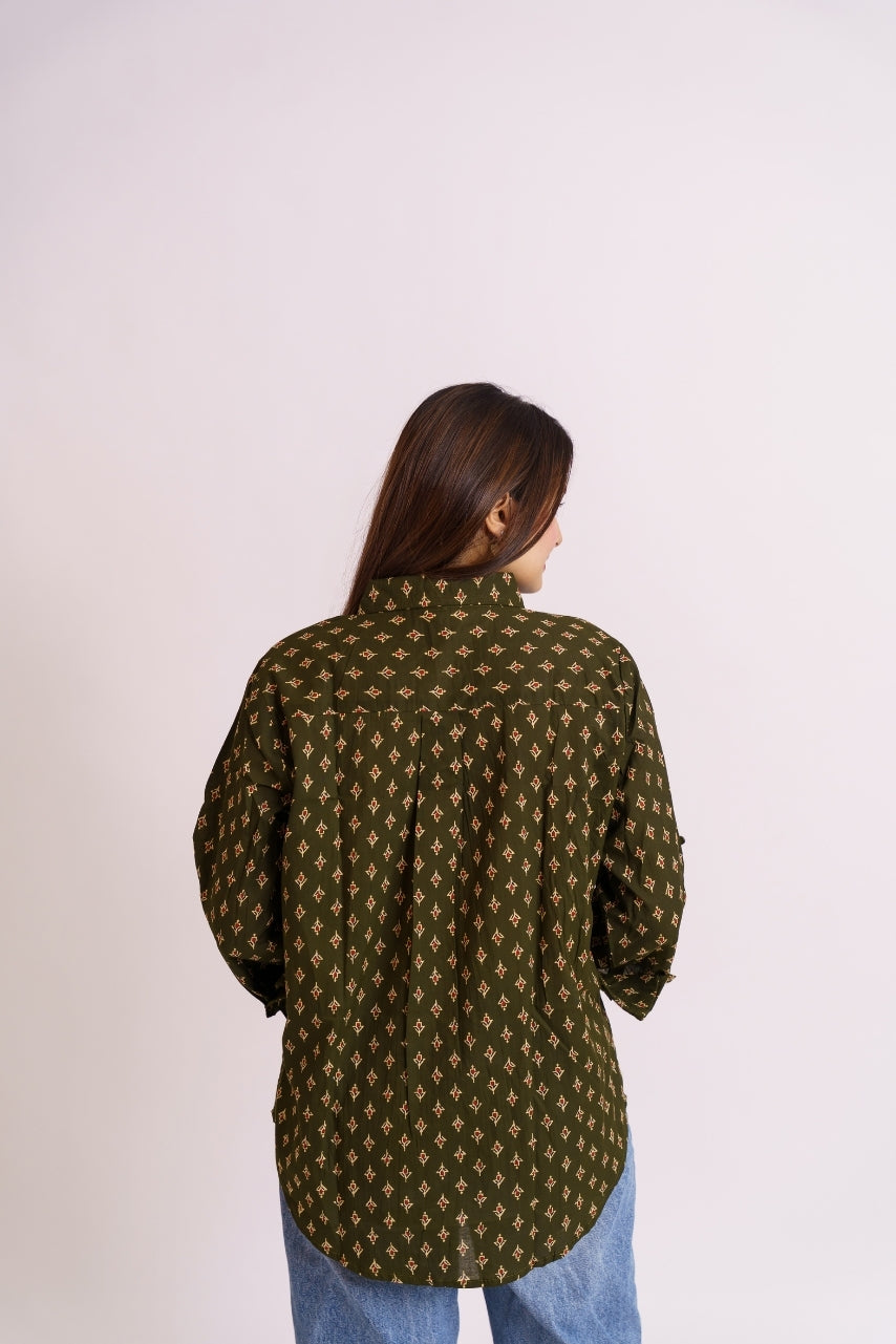 Close-up of block print pattern on olive cotton shirt