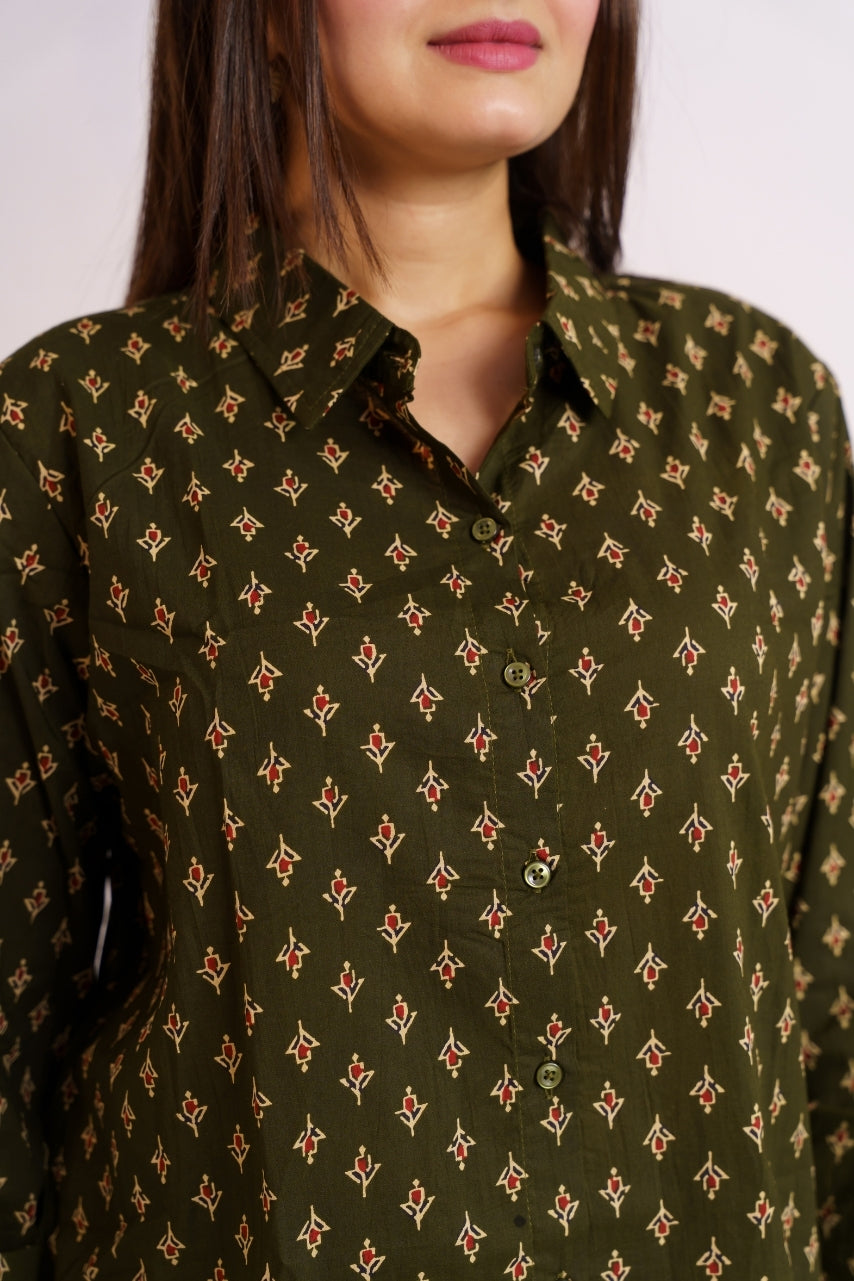 Women's pure cotton ethnic print shirt with three-quarter sleeves