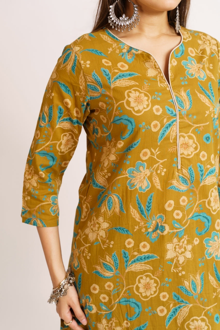 Women's teal floral print kurta with plain olive pants co-ord set
