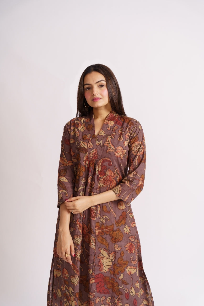 Mauve botanical print kurti with beige pants co-ord set
