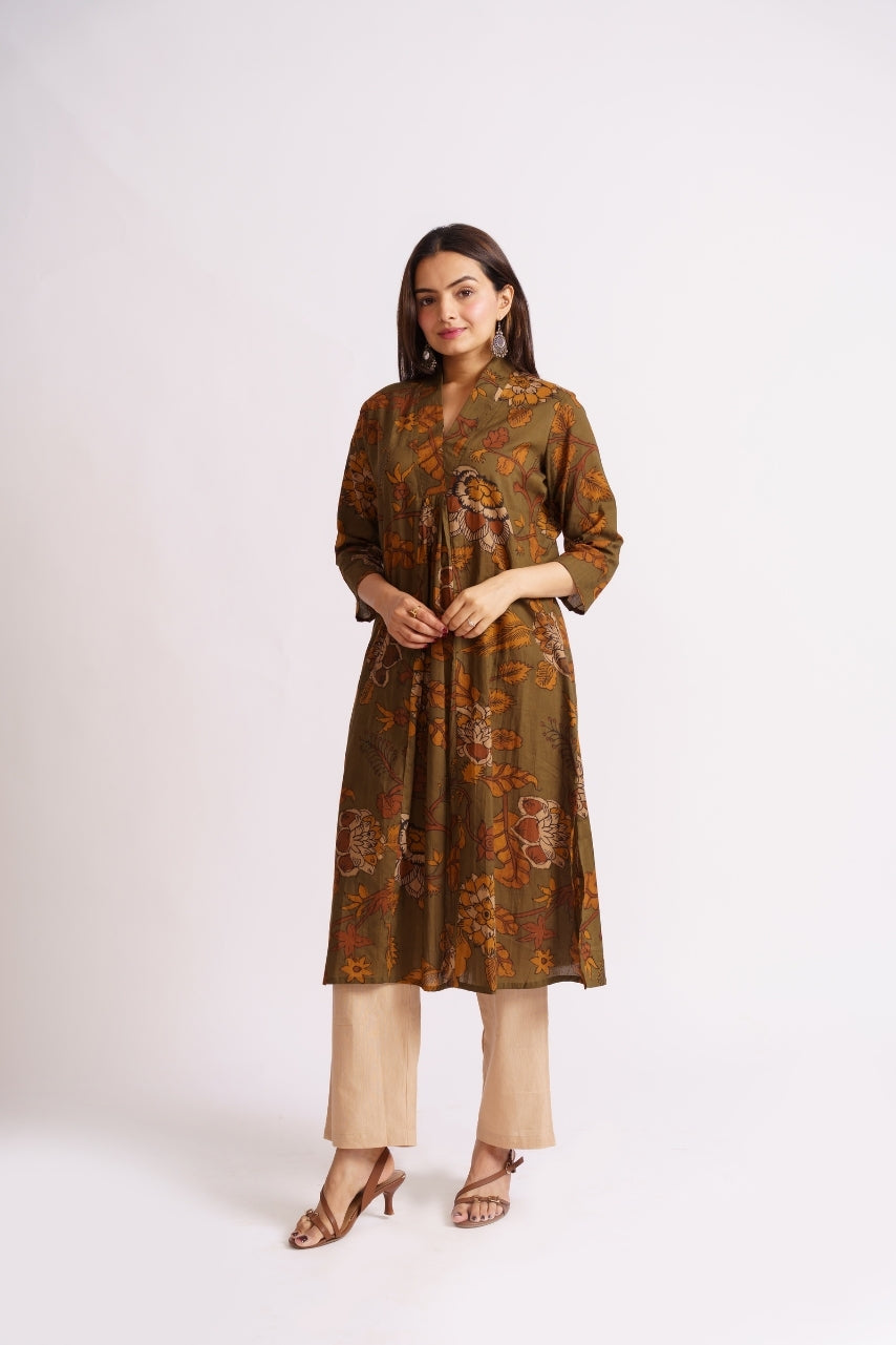 Olive floral kurta with beige wide-leg palazzo pants