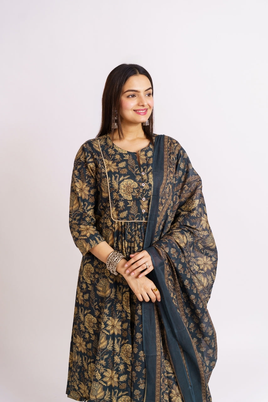 Close-up of mustard floral print on charcoal cotton dupatta border