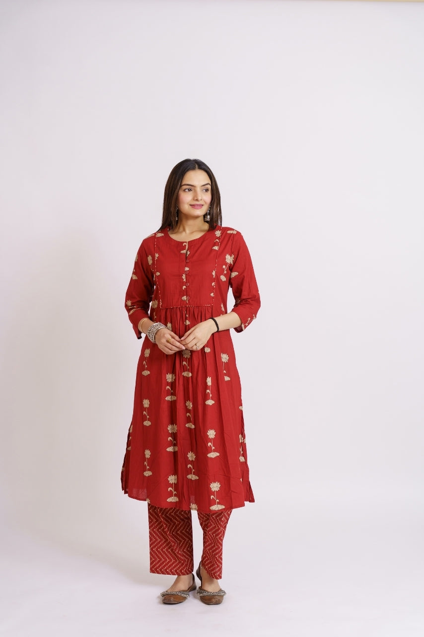Maroon red cotton printed co-ord set for women side view