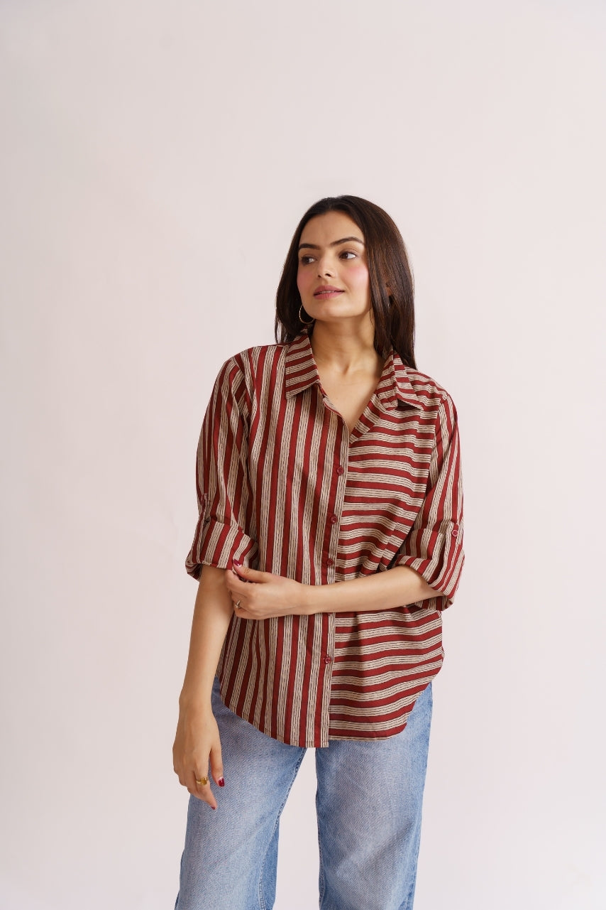 Women's maroon stripe shirt colour-block panel detail