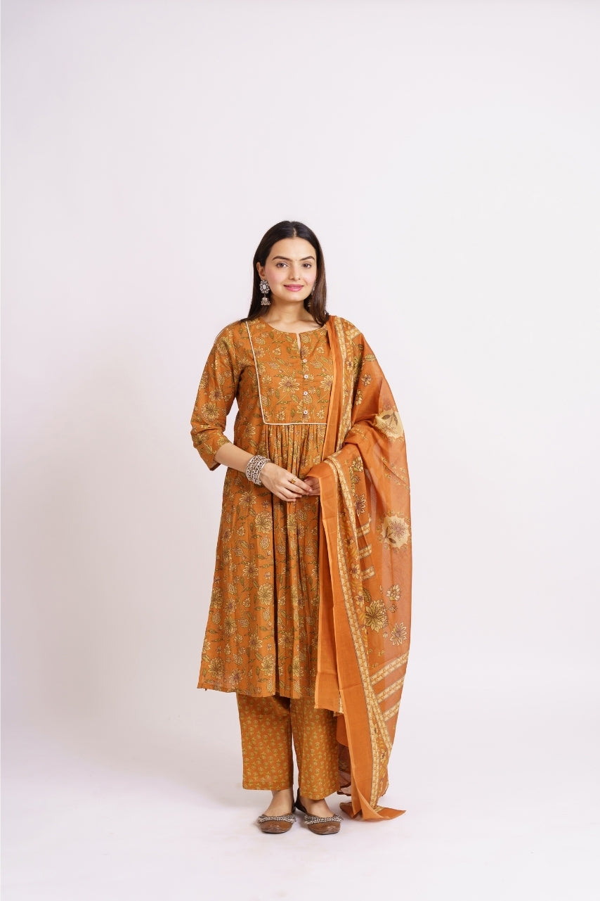 Gathered mustard kurta with piped yoke and round neckline