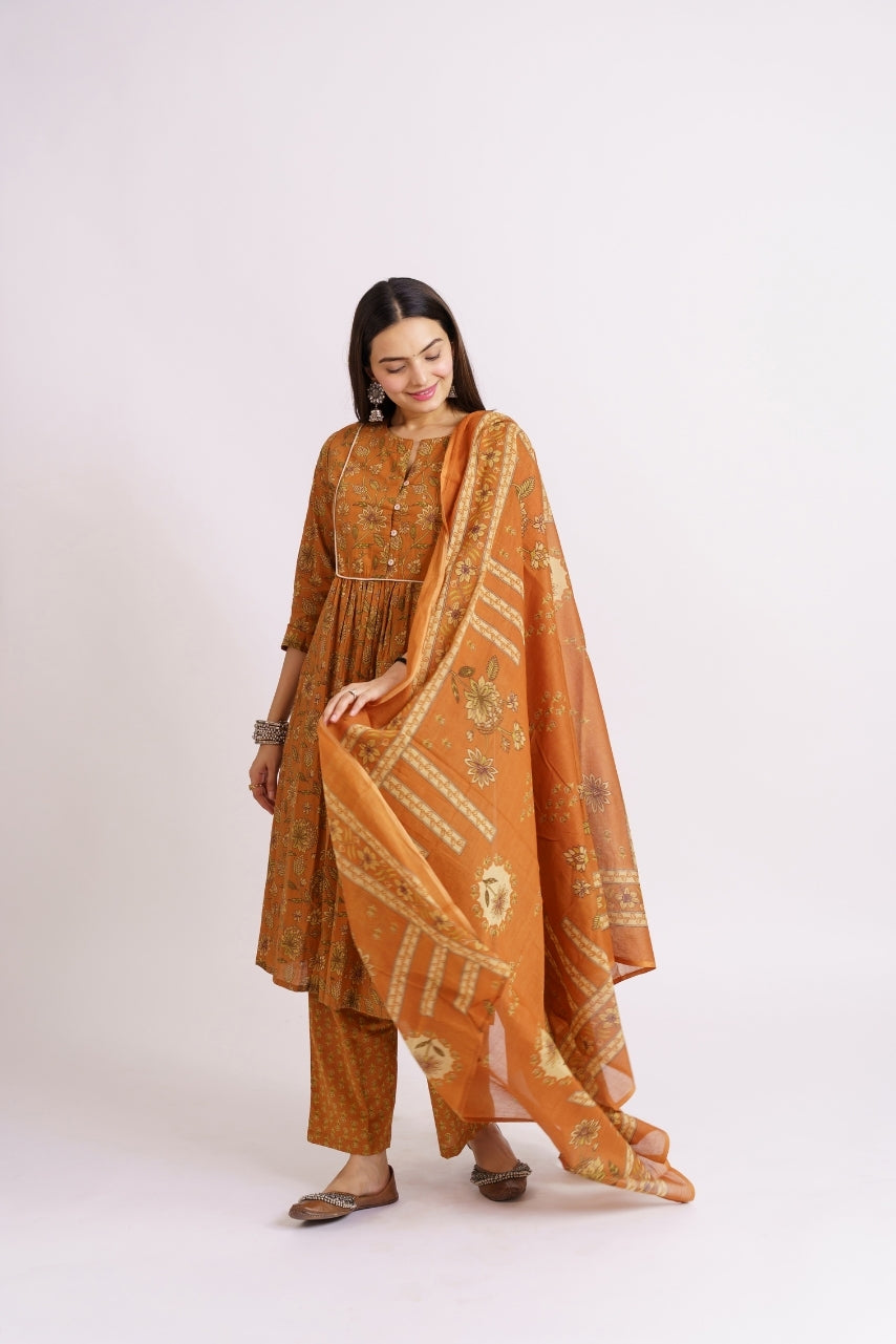 Mustard yellow cotton printed kurta set with dupatta for women