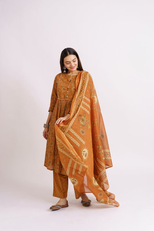 Mustard yellow cotton printed kurta set with dupatta for women