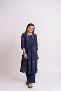 Navy Blue Cotton Printed Co-ord Set for Women | Floral Print Kurta & Pants Set