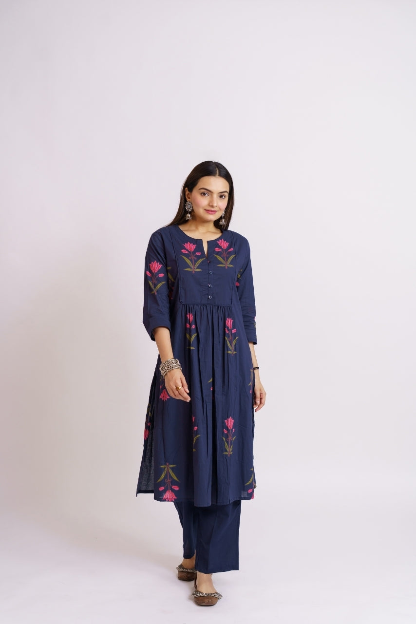 Navy blue cotton printed co-ord set for women front view