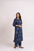 Navy Blue Cotton Printed Co-ord Set for Women | Ginkgo Leaf Print Kurta & Pants Set