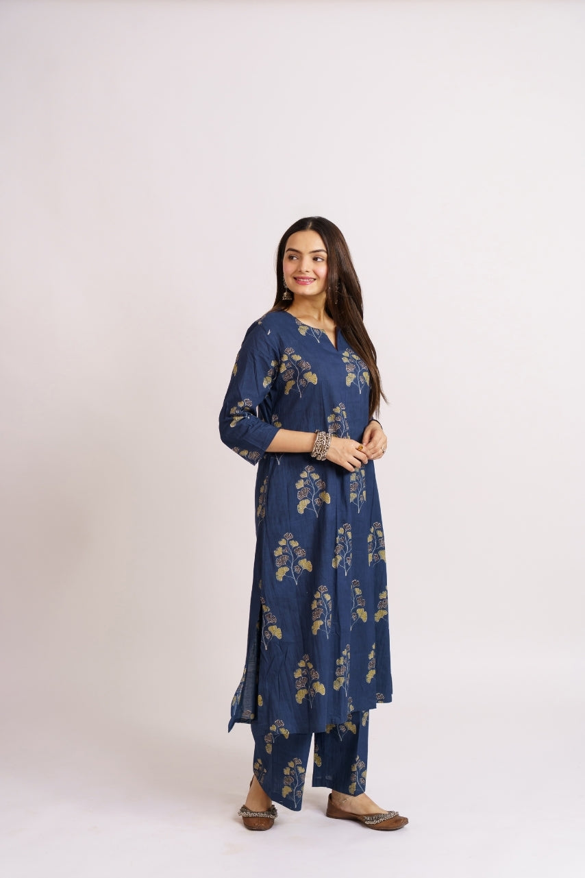 Navy blue cotton printed co-ord set for women front view