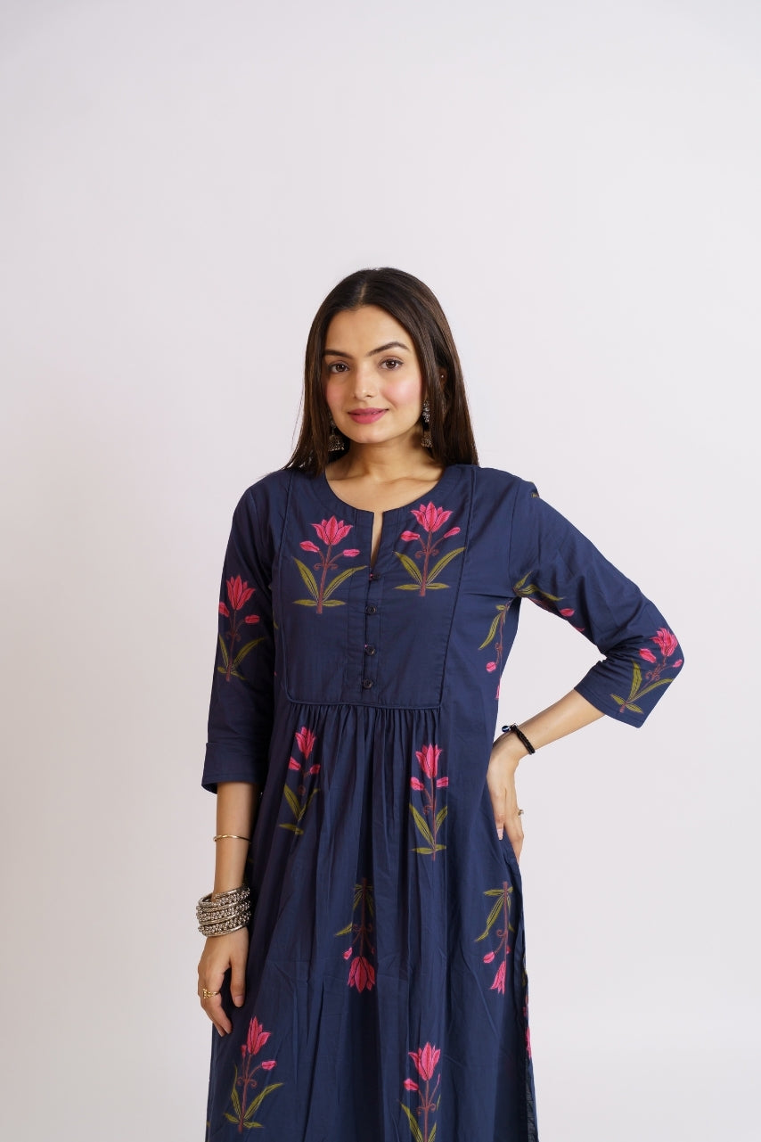 Anarkali style navy blue kurta with matching pants set