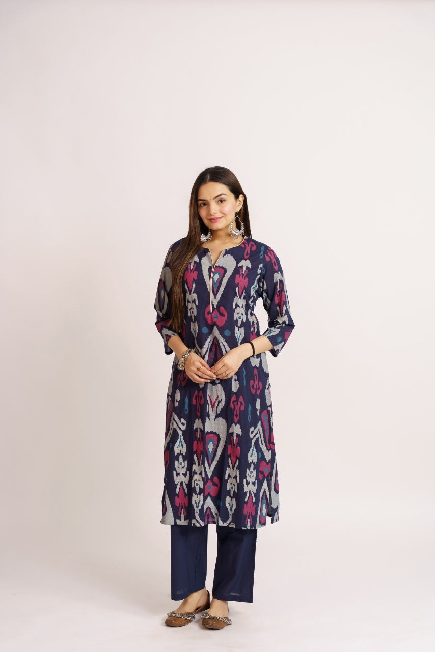 Women's ikat printed kurta with plain navy pants co-ord set