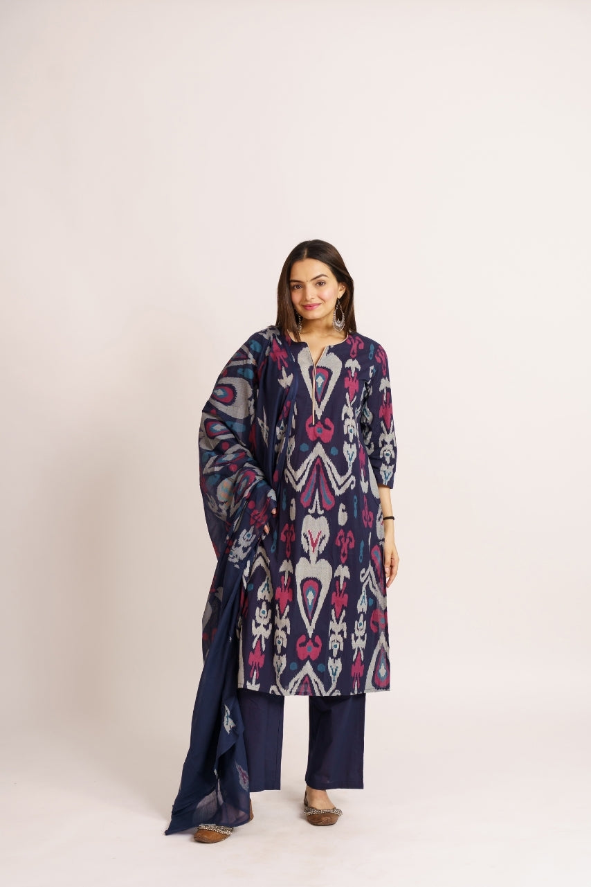 Navy blue cotton ikat print kurta set with dupatta for women