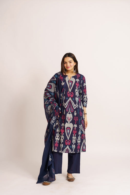 Navy blue cotton ikat print kurta set with dupatta for women