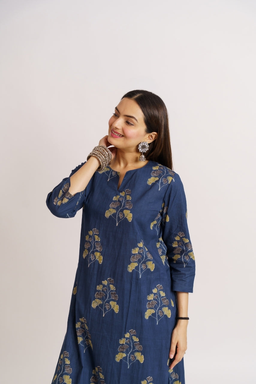 Flared navy blue kurta with matching straight pants set