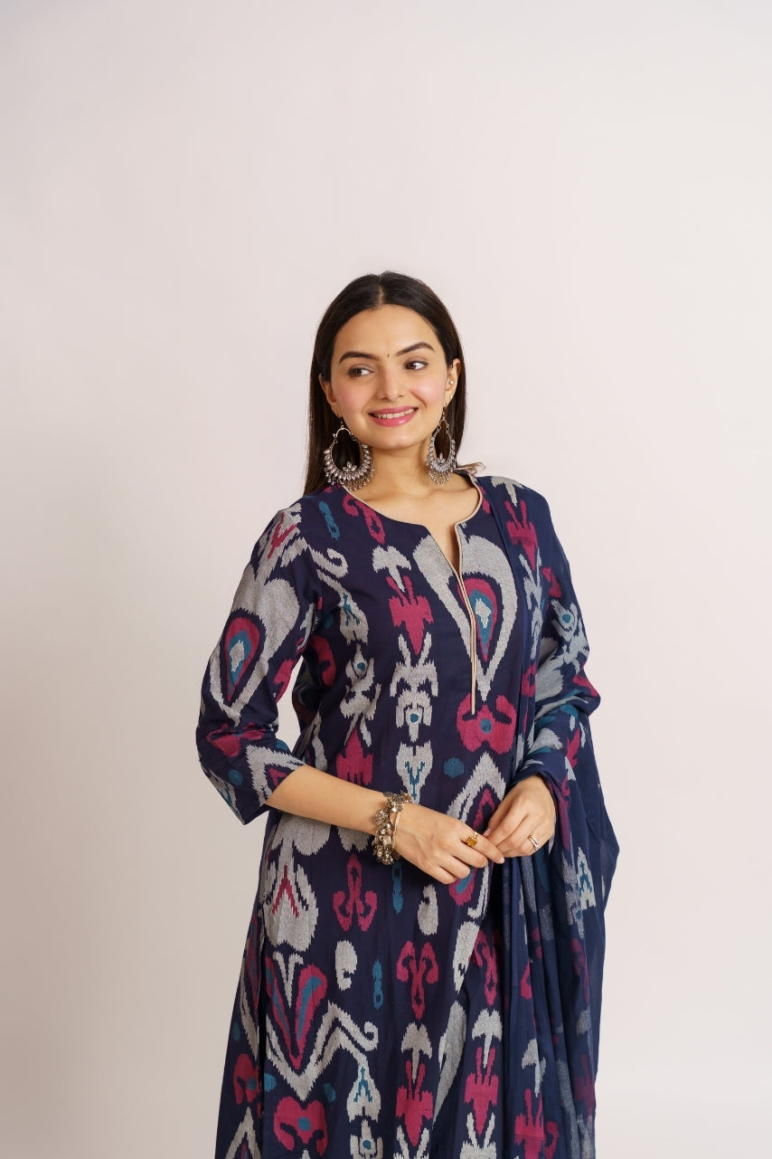 Straight cut navy kurta with zipper neckline and ikat print