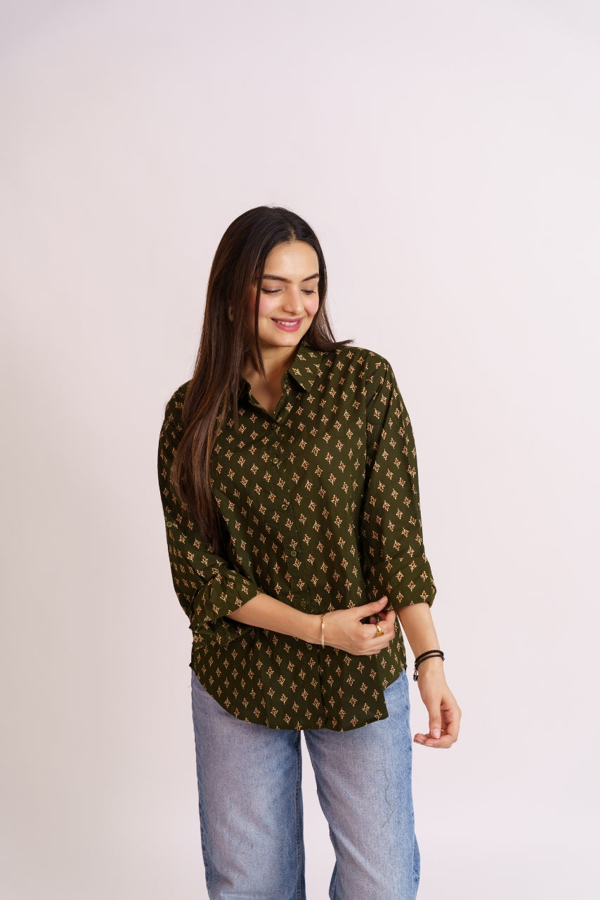 Front view of olive green printed cotton casual shirt