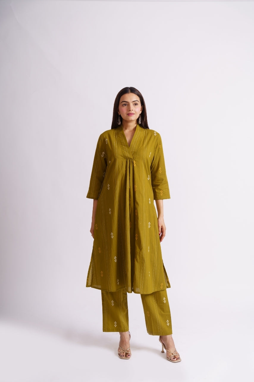 Olive green A-line kurti with straight-fit pants co-ord set