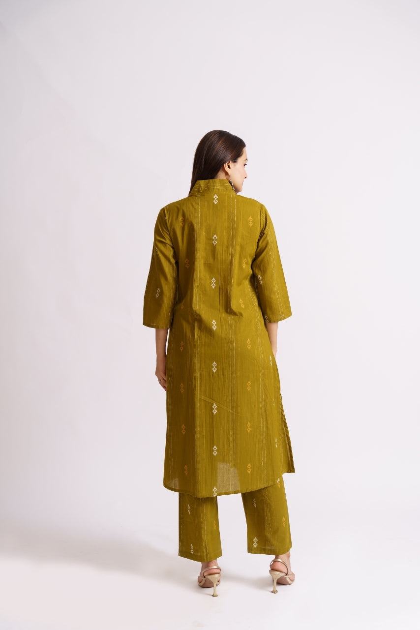 Olive green A-line kurti with straight-fit pants co-ord set