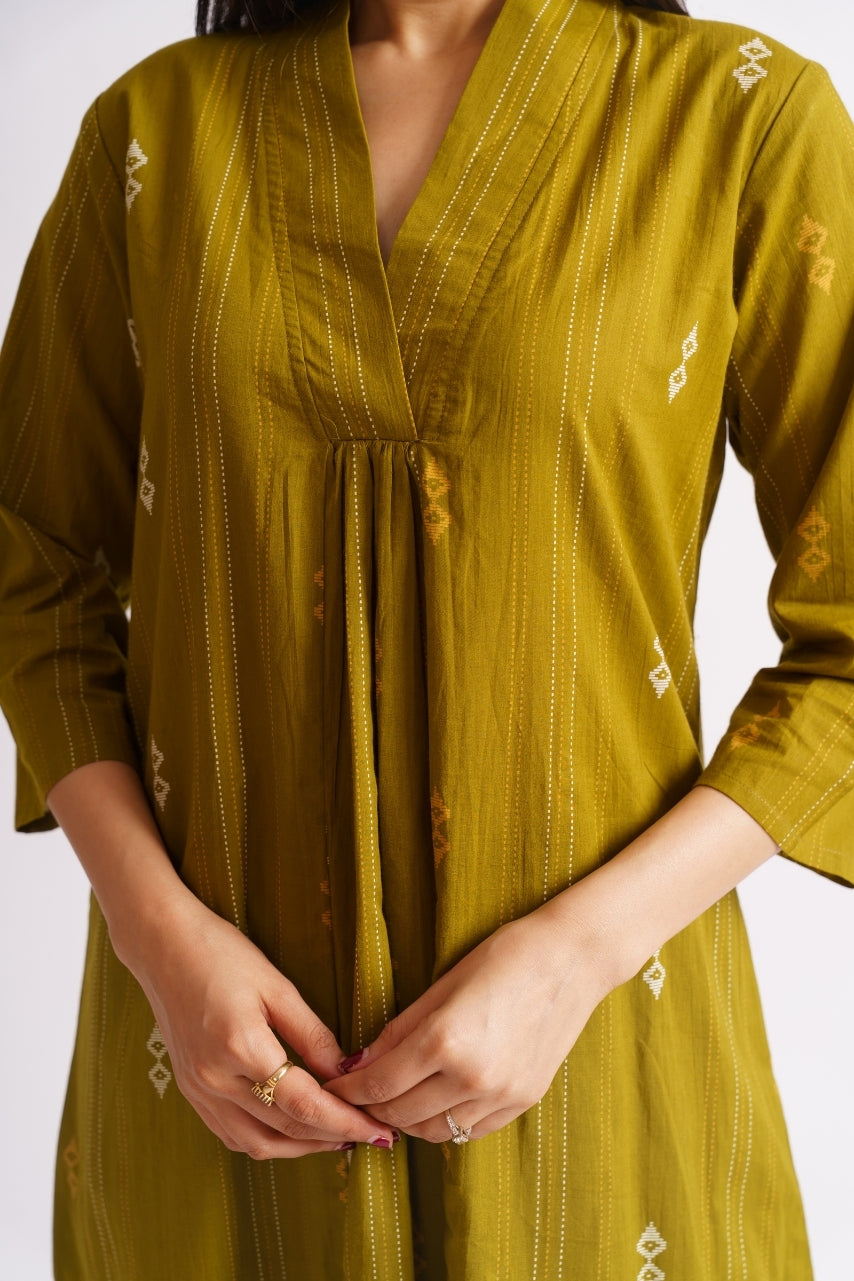 Olive green A-line kurti with straight-fit pants co-ord set