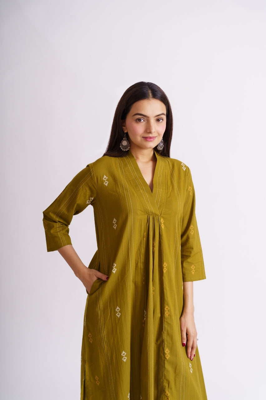 Olive green A-line kurti with straight-fit pants co-ord set
