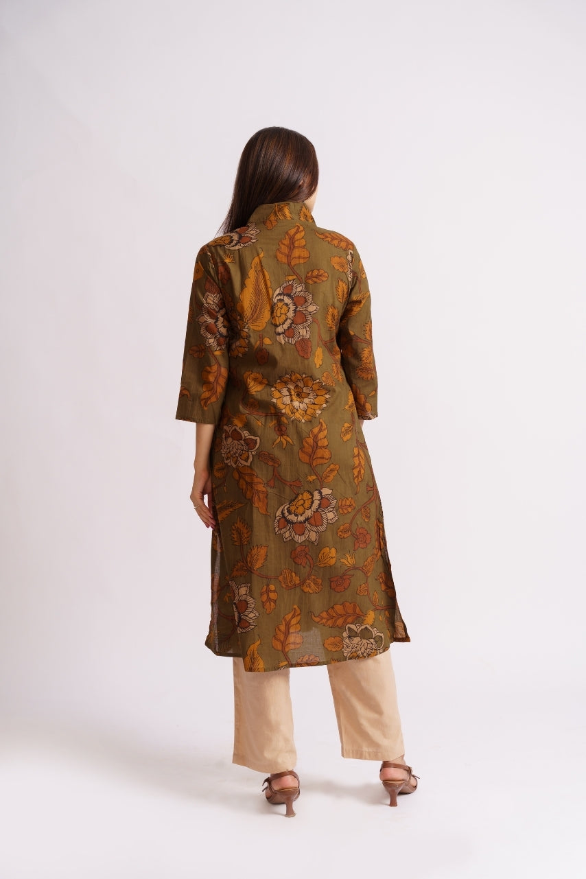 Olive floral palazzo set styled with heeled sandals
