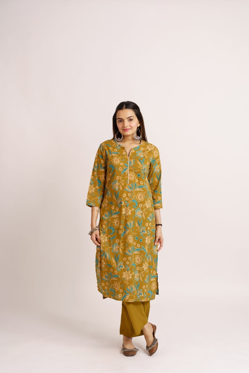 Straight cut olive kurta with contrast piped zipper neckline