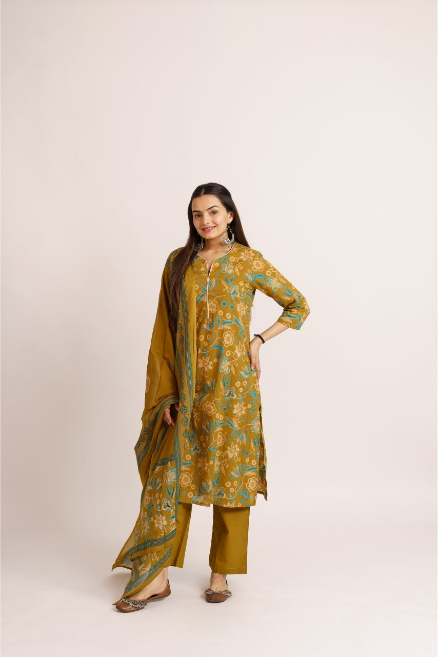 Women's 3-piece teal floral print kurta pants and dupatta set