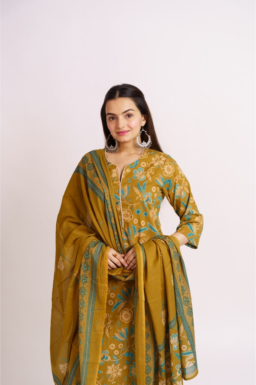 Close-up of teal and cream floral print on olive cotton kurta