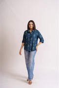Teal Blue Floral Print Cotton Shirt for Women