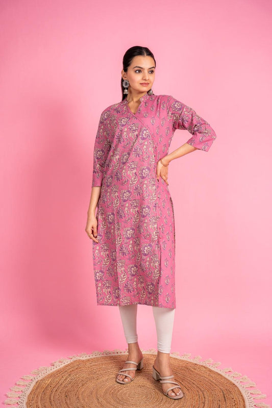 Ekisha women's cotton light pink floral printed angrakha kurta kurti - Ekisha